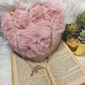 Woman Heart Shaped Fluffy Faux Rabbits Fur Shoulder Crossbody Bag Zipper Pink
